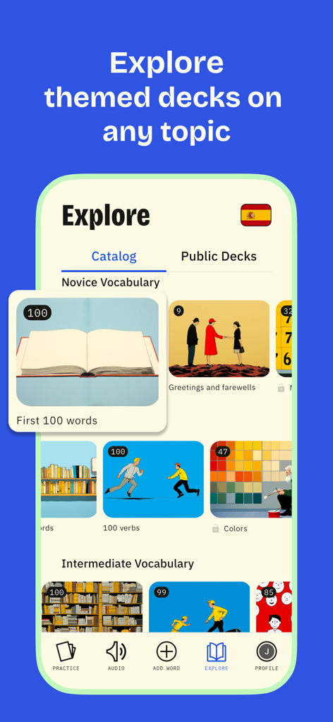 Karteto: Vocabulary Flashcards - Karteto app Explore screen displaying a catalog of themed vocabulary flashcard decks for language learning including novice and intermediate levels.