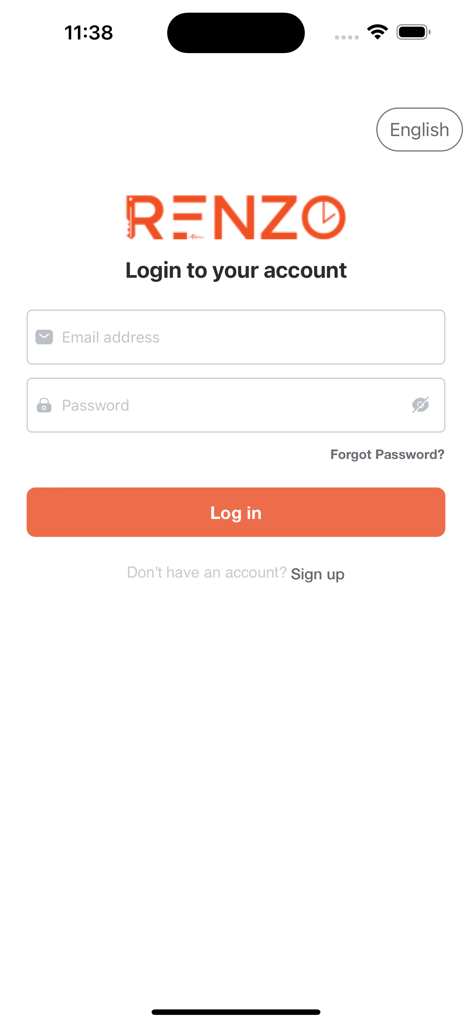Renzo - 렌조 앱 로그인 화면. 이메일 주소와 비밀번호 필드가 있으며 밝은 주황색 로그인 버튼이 있습니다.