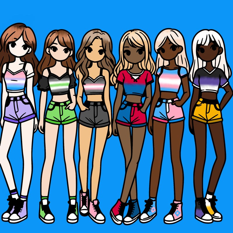 a group of girls wearing crop tops and shorts