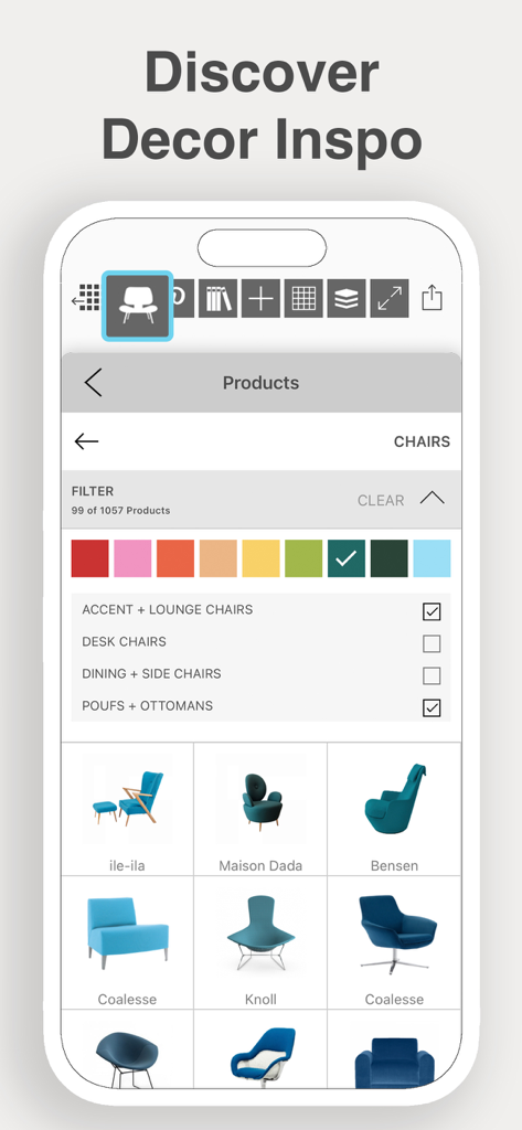 色とカテゴリフィルターを備えたデザイナーチェアの厳選ギャラリーを表示するMorpholio Boardアプリのインターフェイス