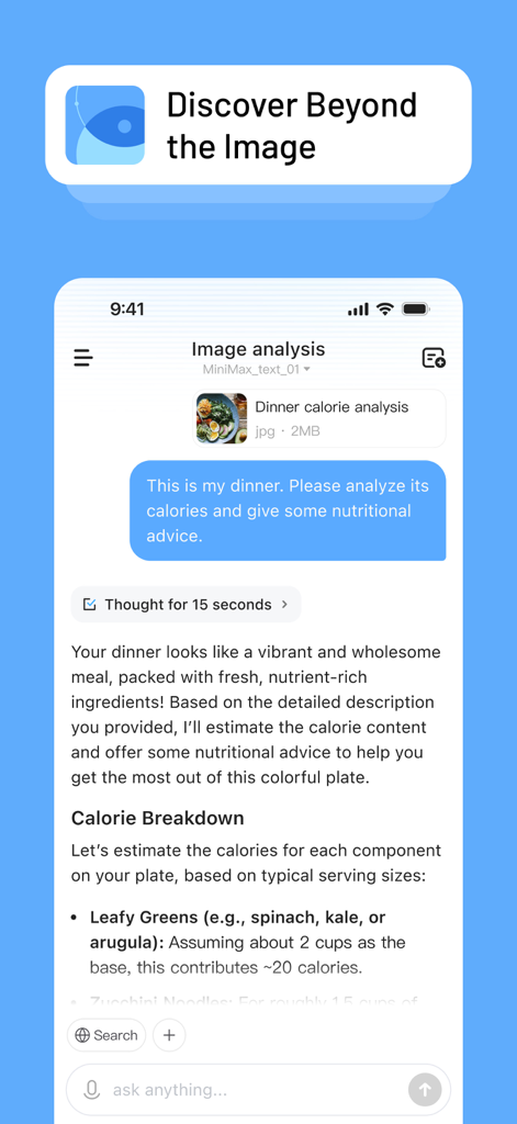 MiniMax AI agent app interface showing image analysis of a meal for calorie and nutritional breakdown