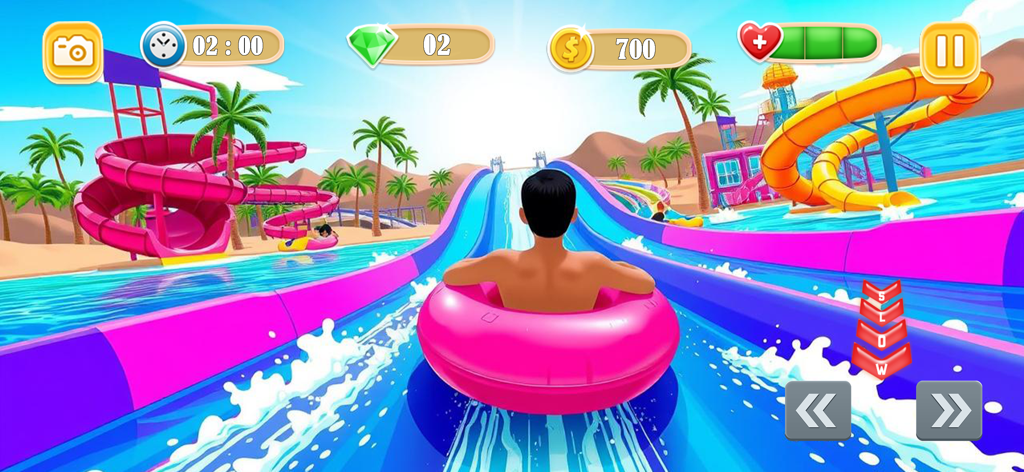 Water Slide Park - Fun Racing - Captura de pantalla del juego de un personaje corriendo por un tobogán de agua azul vibrante en un flotador rosa.