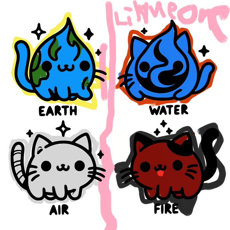 4 cats that represent the different elements, earth, water, air, and fire