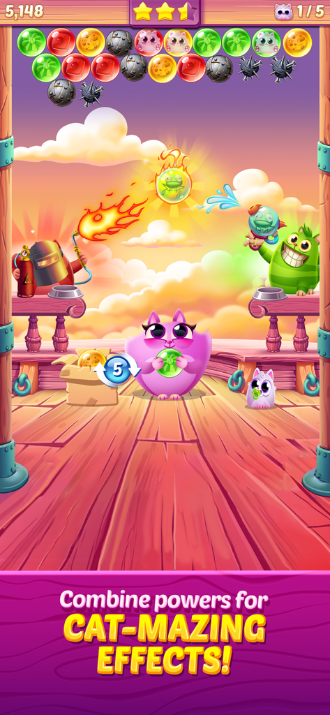 Cookie Cats Pop - Characters using fire and water abilities in Cookie Cats Pop mobile game