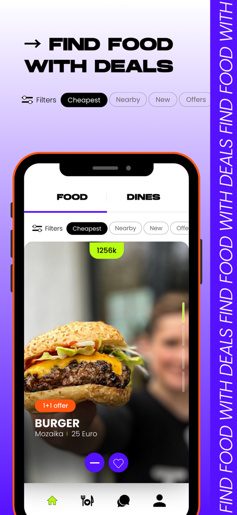 Tasteit: Connecting Foodmates - A mobile app interface showing a burger with a one plus one offer in food mode