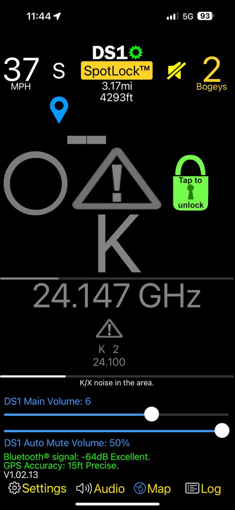 DS1 Companion - Interface of the DS1 Companion app displaying a K-band radar alert, frequency data, and vehicle speed
