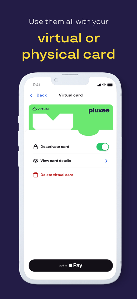 Cobee by Pluxee - Interfaccia dell'app Cobee by Pluxee per la gestione di una carta virtuale per benefit aziendali e l'aggiunta ad Apple Pay.