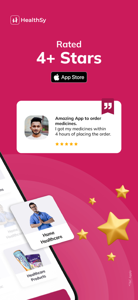 HealthSy-Online Healthcare App - HealthSy app promotional screen showing a four plus star rating and a customer testimonial about medicine delivery