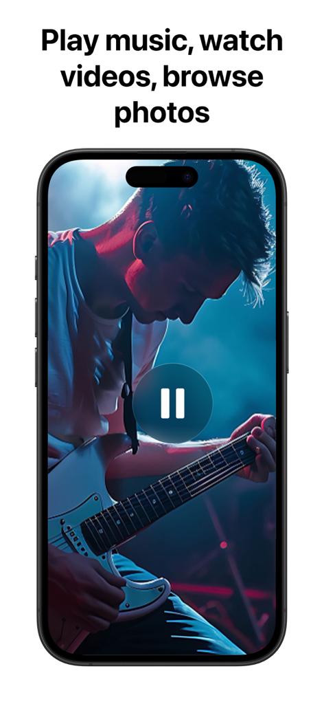 Zip & RAR & 7z File Extractor - Écran d'iPhone affichant un lecteur multimédia intégré pour la musique, les vidéos et les photos dans l'application d'extraction de fichiers.