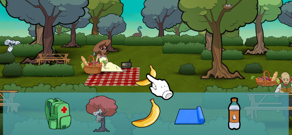 Sound Scouts Hearing Test - Cartoon park scene with interactive game elements for the Sound Scouts hearing test