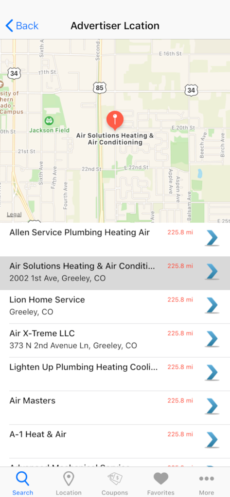 Un mapa y una lista que muestran negocios locales de plomería y calefacción en la aplicación SRT Minot Phone Directory.