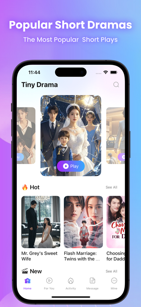 人気の短編プレイやロマンチックなミニシリーズを表示するTiny Dramaアプリのホーム画面。