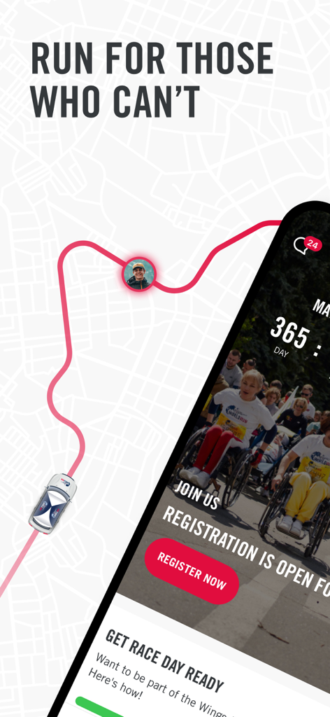 Wings for Life World Run app interface showing the slogan Run for those who can't and the registration page with a virtual catcher car map.