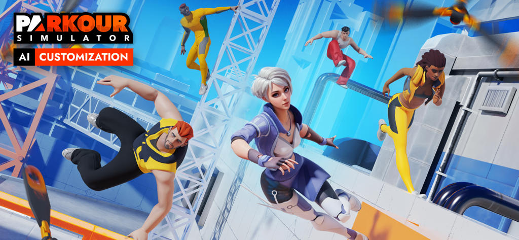 Parkour Simulator 3D: City Run - Um grupo de personagens 3D realizando manobras de parkour em um ambiente urbano com personalização por IA