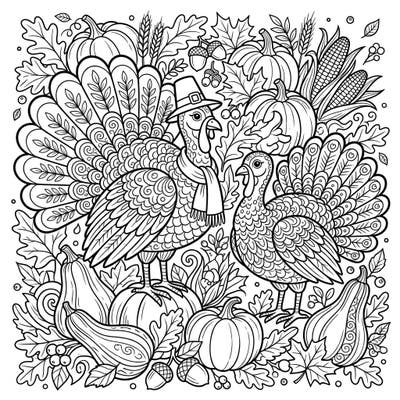 Dive into the spirit of gratitude with this vibrant Thanksgiving turkey coloring page, perfectly crafted for creative teens. Featuring intricate details of autumn harvests and two charming turkeys, it offers a delightful challenge for young artists.