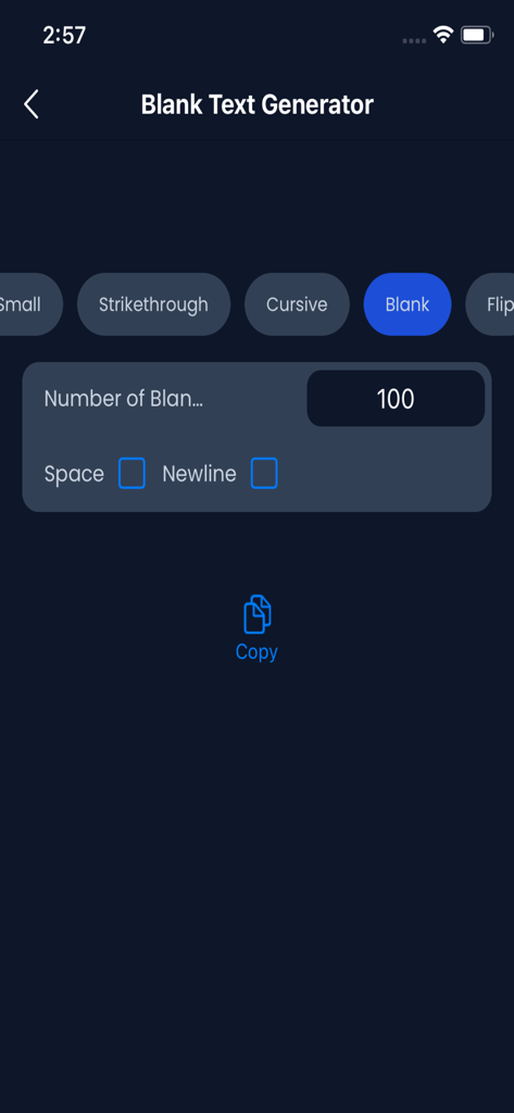 Stylish Text Generator App - Blank Text Generator interface in the Stylish Text Generator app showing options to generate and copy invisible blank text characters