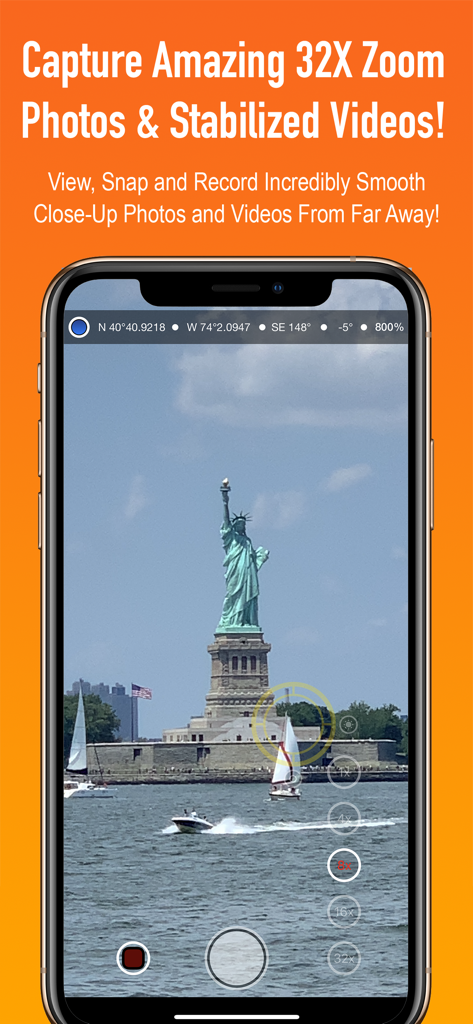 Binoculars - Binoculars app interface showing a stabilized 32x zoom view of the Statue of Liberty with GPS coordinates and navigation overlay.