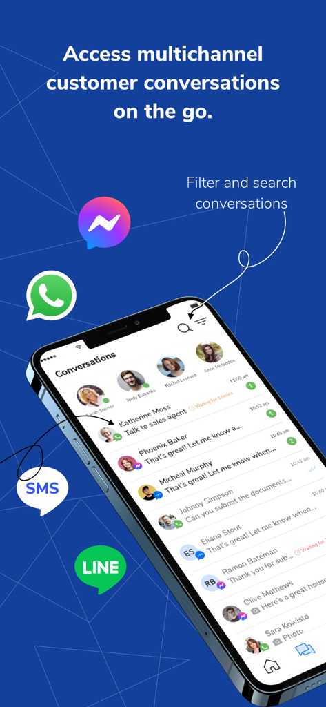 Teléfono inteligente que muestra la interfaz de la aplicación SMS-Magic con conversaciones empresariales multicanal.