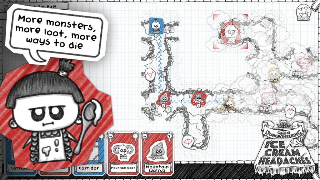 Guild of Dungeoneering gameplay showing the hand-drawn notebook art style and the Ice Cream Headaches expansion logo