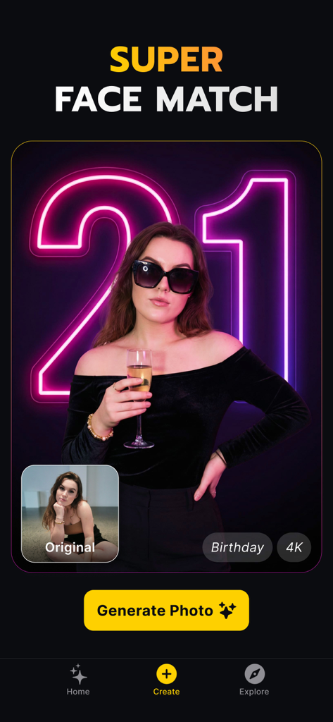 Geno: Trend AI Photo Face Swap - Geno app interface showing an AI face swap feature for a 21st birthday photo with neon background