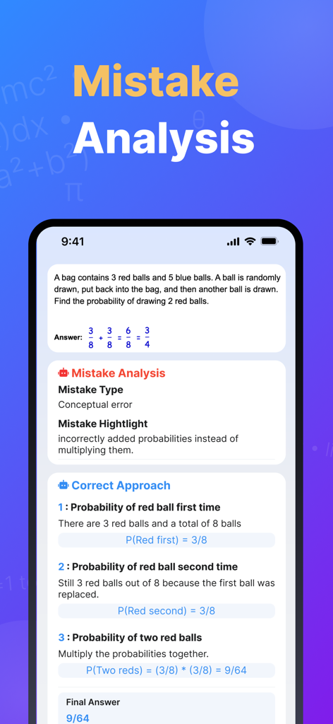 Solvify: AI Homework Helper - Solvify app showing mistake analysis for a math probability word problem with step by step corrections