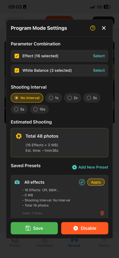 Smart Photo Sync - Program Mode Settings screen in the Smart Photo Sync app showing remote camera control parameters and shooting presets