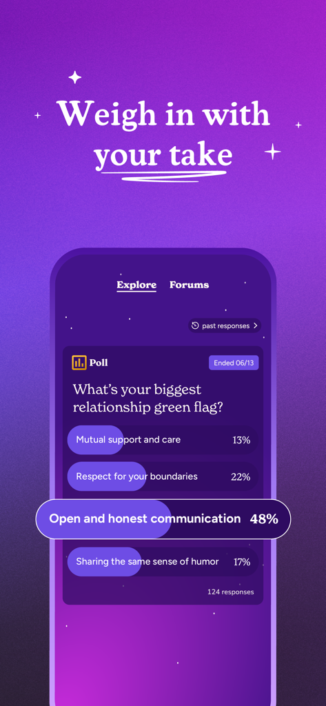 Soluna: Mental Health Care - Soluna app interface showing a community poll about relationship green flags with interactive results