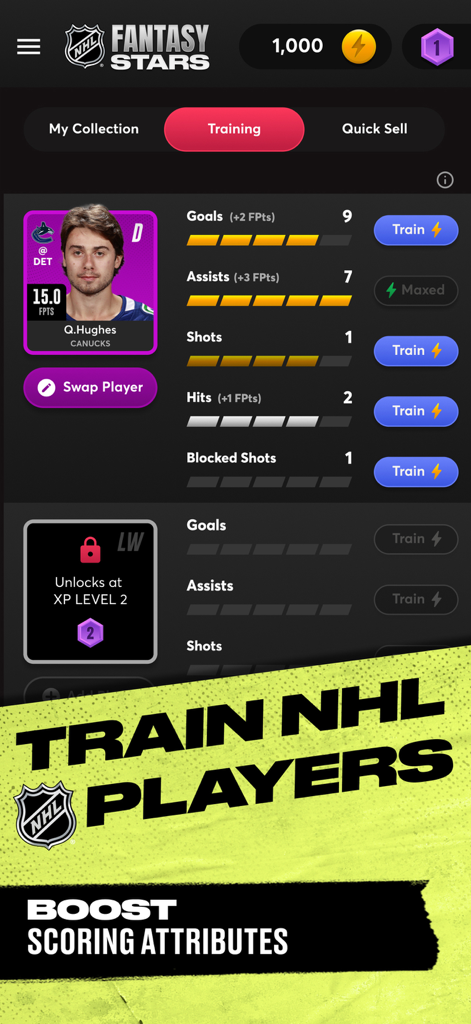 NHL Fantasy Stars mobile app interface showing player training and attribute boosting for Quinn Hughes
