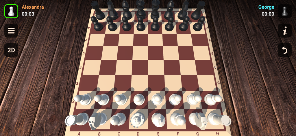 Chess - Two players - A 3D chessboard with pieces set up for a match on a wooden table background