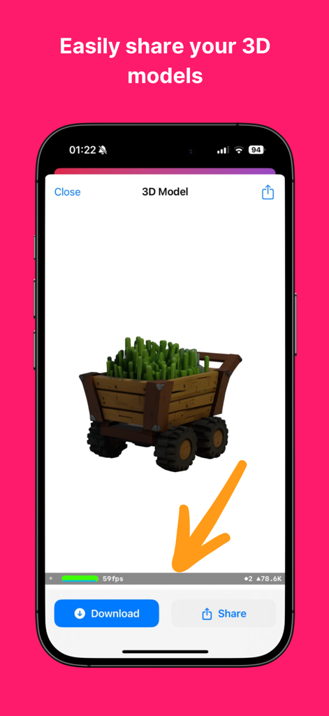 Mobile app interface of Image to 3D Model Generator showing a rendered 3D wooden cart with download and share buttons.