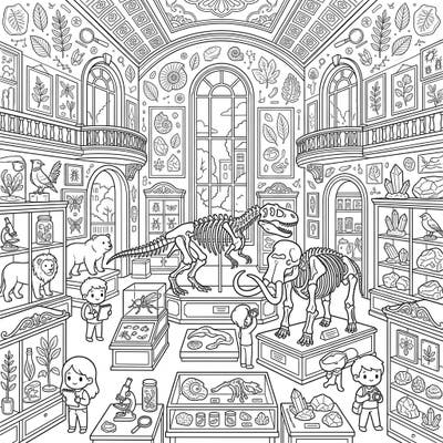 Step into a world of ancient wonders and scientific discoveries with this intricate Natural History Museum coloring page. From colossal dinosaur skeletons to gleaming crystals, embark on an educational and creative journey.