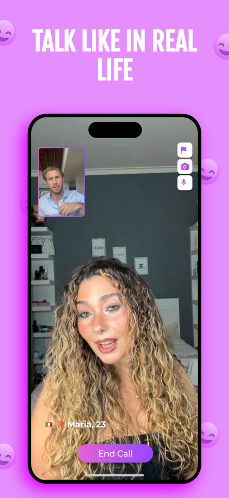 Eight: Smile, Video & Date - Eight dating app screen showing a live video call between a man and a woman