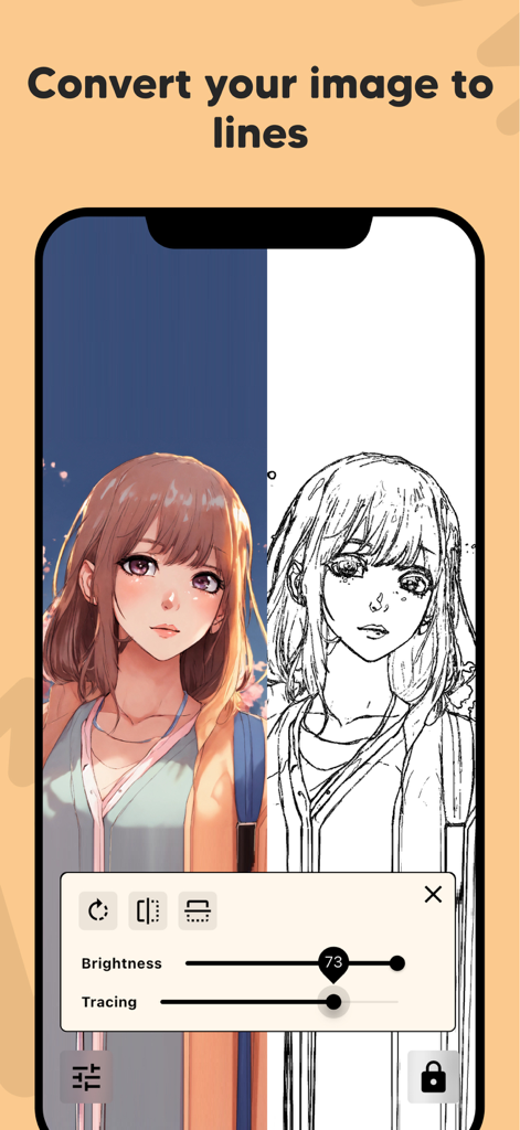 An app interface showing an anime girl photo being converted into a black and white line art outline for tracing