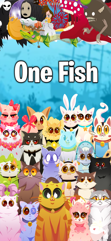 One Fish: Fishercat Collector - Un grupo de gatos lindos de dibujos animados, diversos y coloridos con ojos grandes debajo del título One Fish