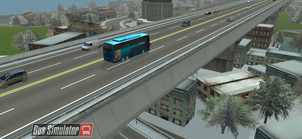 BUSTOP Bus Simulator 2026 - A blue bus driving on an elevated highway bridge over a city in BUSTOP Bus Simulator 2026