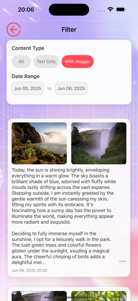 Vevee - Vevee app screen displaying journal search filters and a personalized reflection with waterfall images.