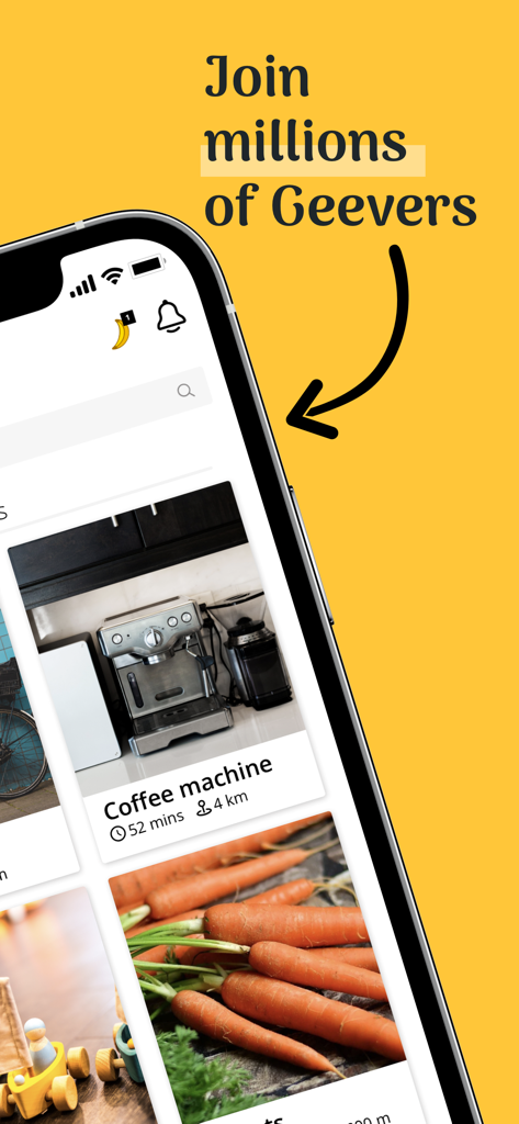 Geev le réflexe anti-gaspi - Geev mobile app interface showing coffee machine and food donations with the text Join millions of Geevers