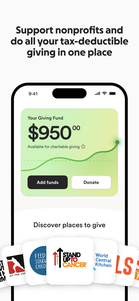 GoFundMe app screen showing Giving Fund balance and various nonprofit organizations to support