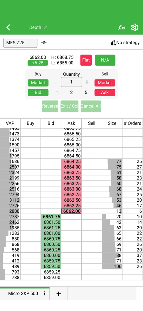 Ironbeam - Ironbeam mobile trading interface showing the Depth of Market ladder for futures trading