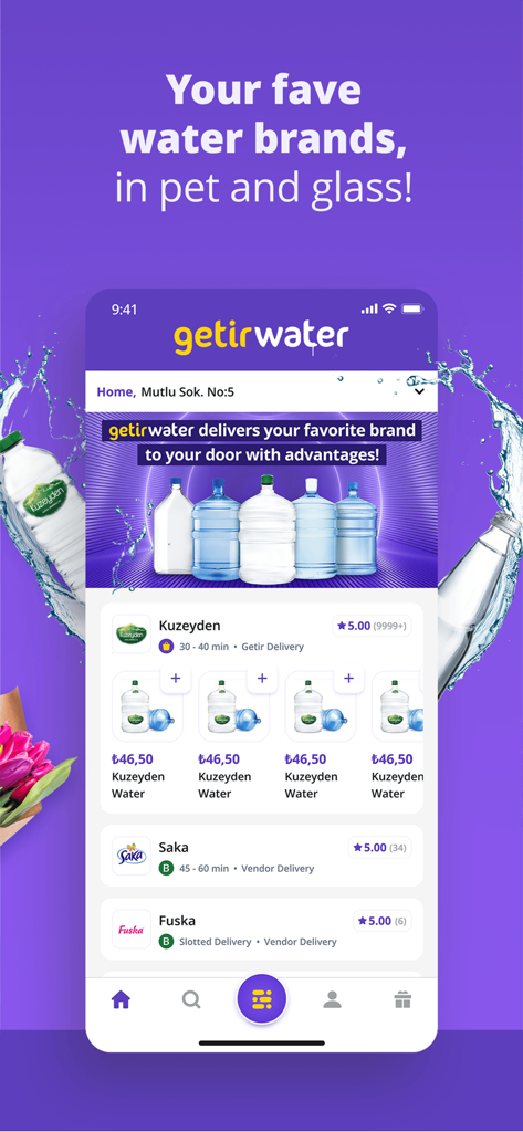 즉시 배달 가능한 다양한 생수 브랜드를 보여주는 GetirWater 앱 인터페이스