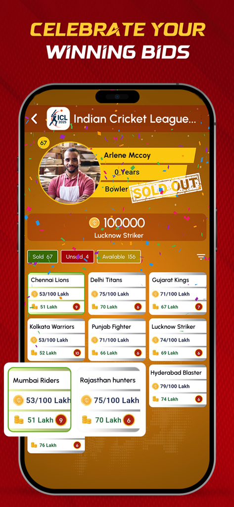 CricAuction - Cricket Auction - CricAuction app screen showing a sold player and team budget balances during a cricket auction