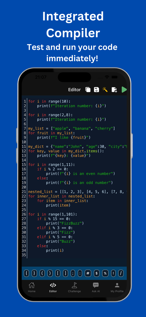 CoddyKit: Learn Coding with AI - CoddyKit app mobile code editor and integrated compiler showing Python programming