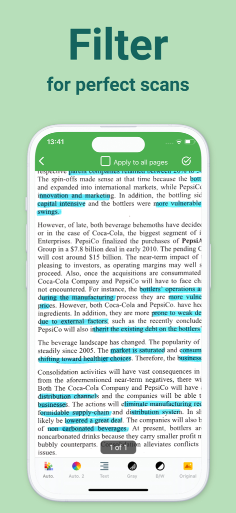 Docutain app screen showing various image filters like black and white and grayscale for improving document scan quality