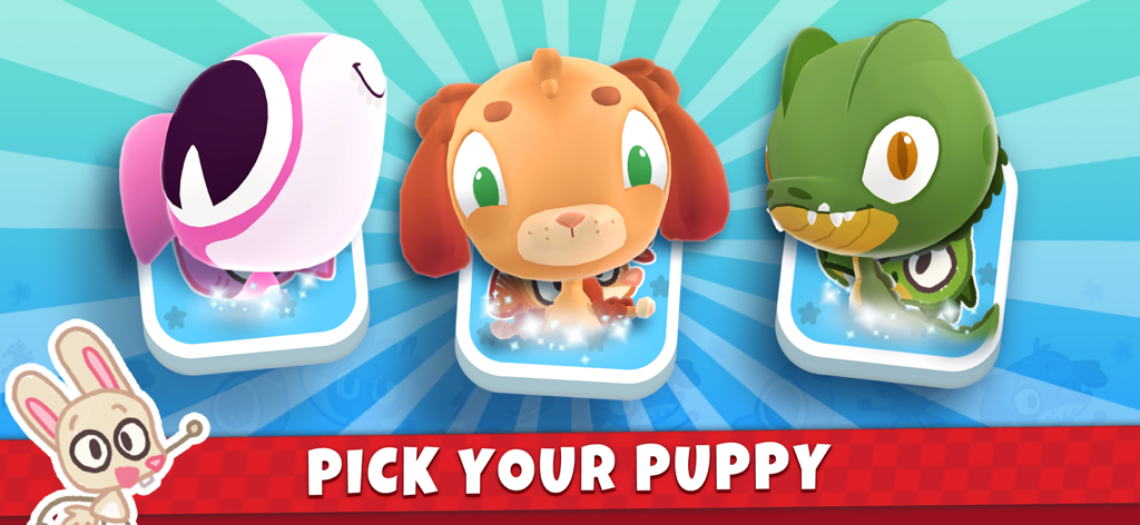 Puppy Cars - Games for Kids 3+ - Screenshot of Puppy Cars app showing character selection with a puppy, a dinosaur, and a fish.