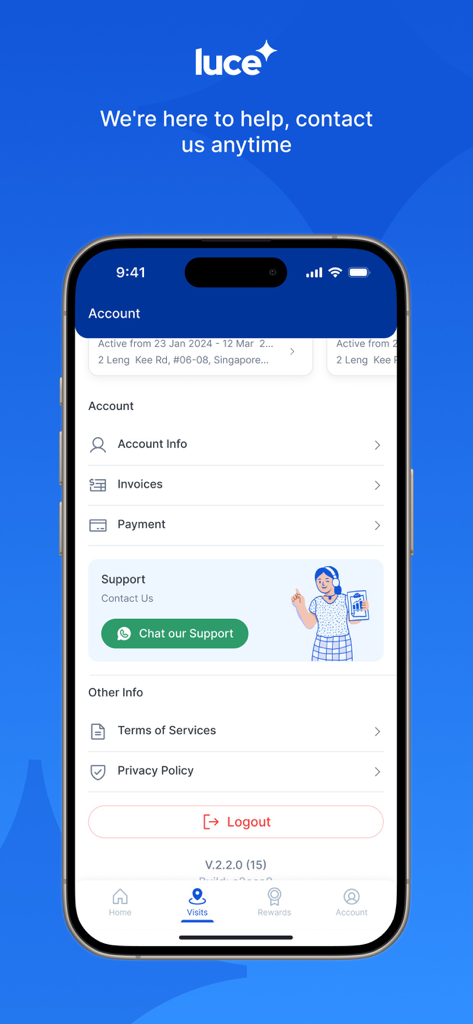 Der Kontoverwaltungsbildschirm der Luce App mit Kundensupport- und Zahlungseinstellungen