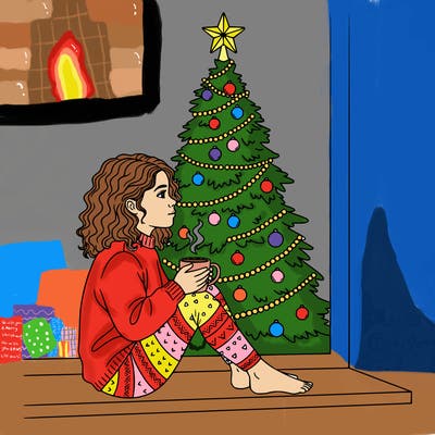 a girl sitting in the window with a cofee and behind she is a chrismas tree