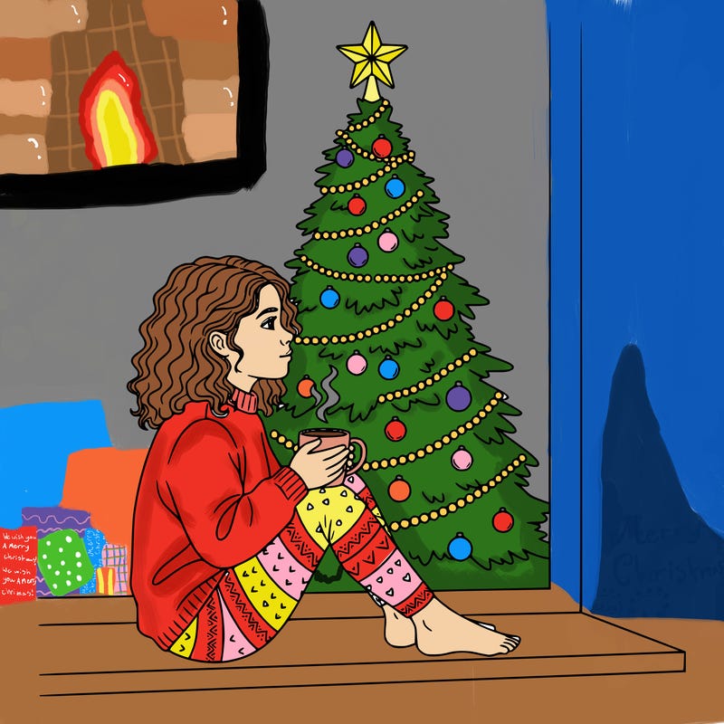 a girl sitting in the window with a cofee and behind she is a chrismas tree