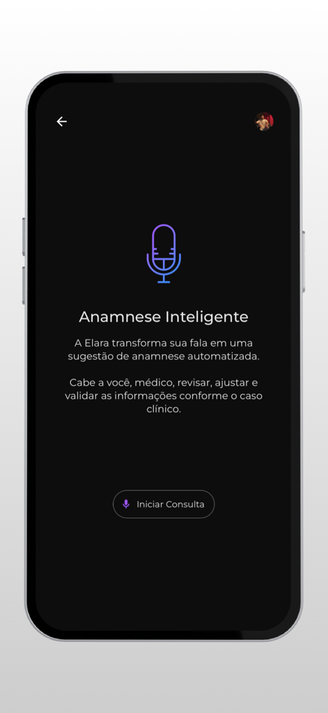 Elara IA - Interface of the Elara IA app showing the Intelligent Anamnesis feature with a microphone icon and a button to start a medical consultation
