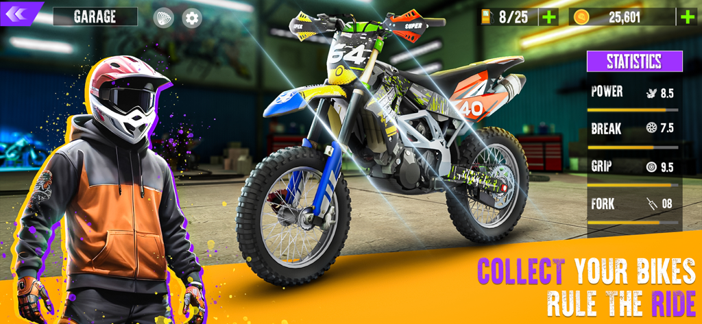 A garage menu in a motorcycle racing game featuring a dirt bike and rider with performance statistics
