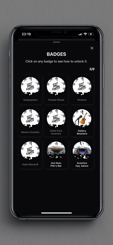 Tecate Pa'l Norte - Tecate Pal Norte mobile app screen showing a collection of digital achievement badges for festival activities like visiting official stores or specific stages.